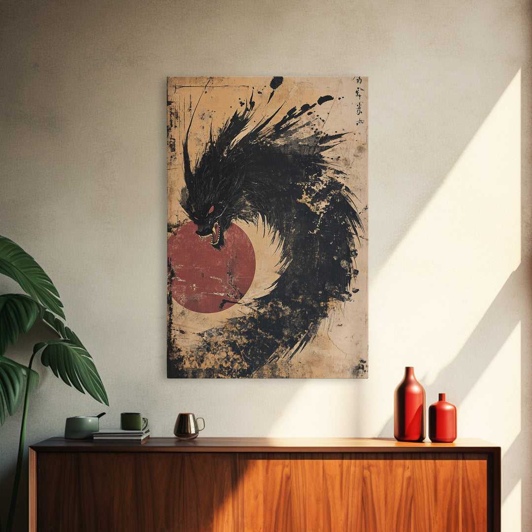 Black Ink Dragon Red Sun Canvas Print, Dark Japanese Wall Art, Fantasy Gothic Decor, Samurai Inspired Statement Artwork Print