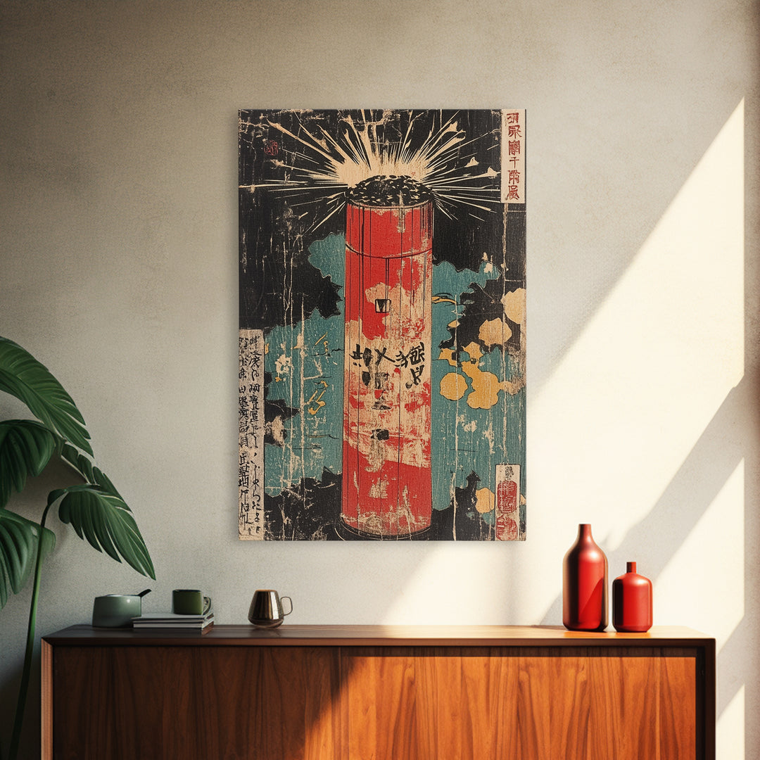 Red Firework Lantern Framed Canvas Print, Retro Japanese Wall Art, Festival Poster, Bold Asian Decor For Game Room And Office Decor