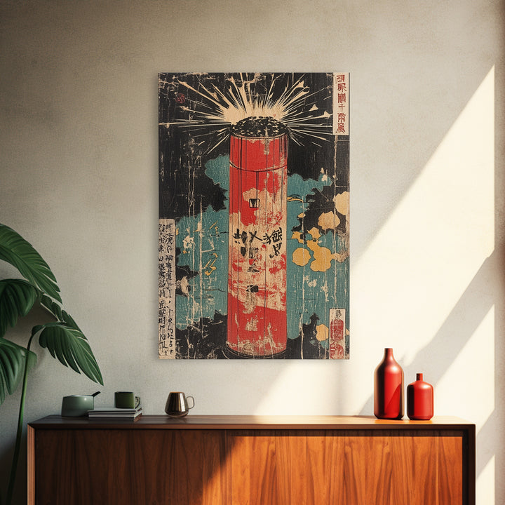 Red Firework Lantern Framed Canvas Print, Retro Japanese Wall Art, Festival Poster, Bold Asian Decor For Game Room And Office Decor