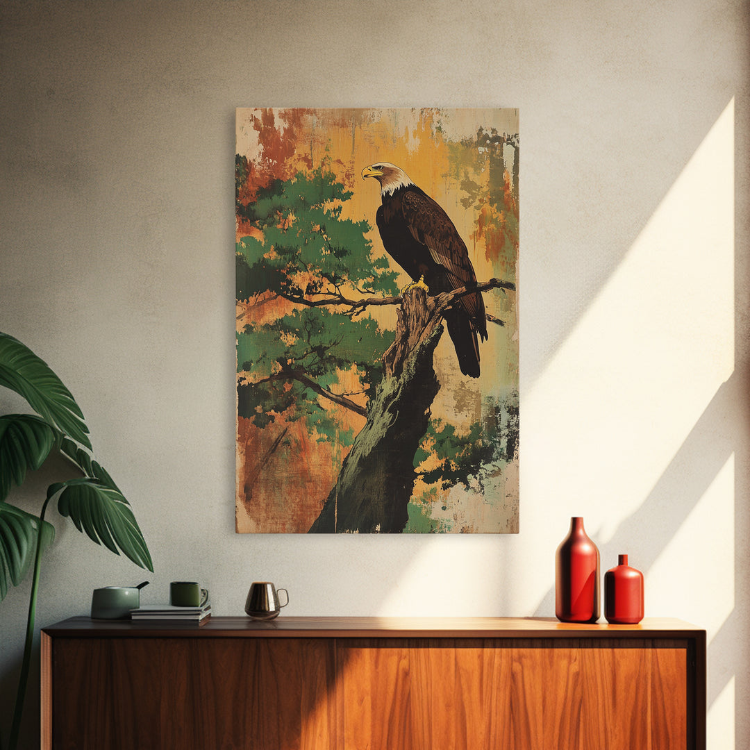 Bald Eagle On Pine Branch Canvas Print, Wildlife Wall Art, Rustic Nature Decor, Cabin Office Art, Gift For Bird Lovers Home Decor