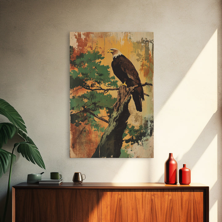 Bald Eagle On Pine Branch Canvas Print, Wildlife Wall Art, Rustic Nature Decor, Cabin Office Art, Gift For Bird Lovers Home Decor
