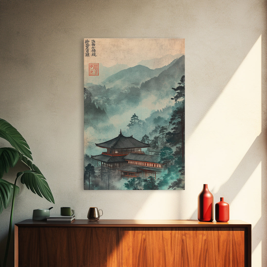 Misty Japanese Temple In Teal Mountains Wall Art, Asian Landscape Print, Japandi Decor, Zen Home Decor, Living Room Wall Art