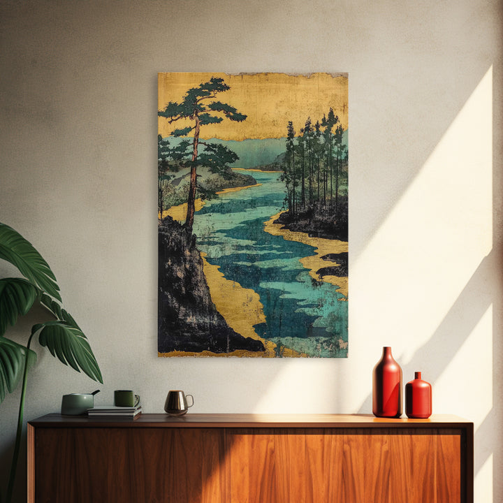 Gold River And Pine Forest Canvas Print, Japanese Landscape Art, Asian Wall Decor, Japandi Style Art, Serene Living Room Decor