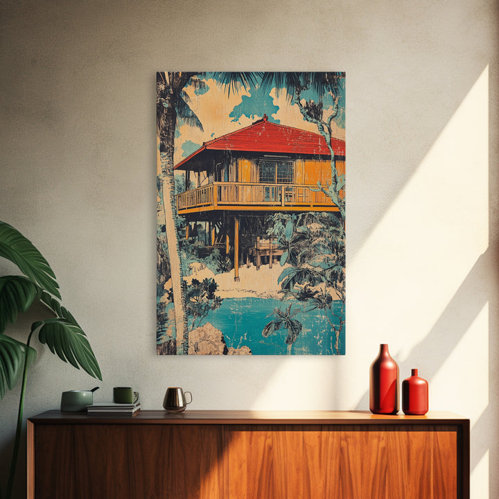 Tropical Stilt Beach House Canvas Print, Coastal Wall Art, Palm Tree Decor, Beach House Art, Summer Home Decor, Large Wall Art