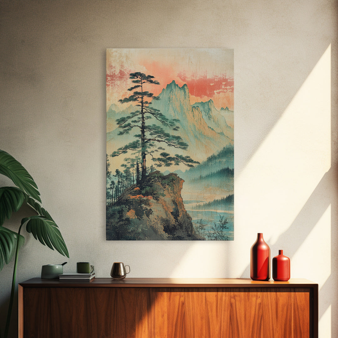 Misty Pine Cliff And Mountain Lake Wall Art, Japanese Landscape Print, Nature Wall Art, Serene Wall Art, Japandi Home Decor