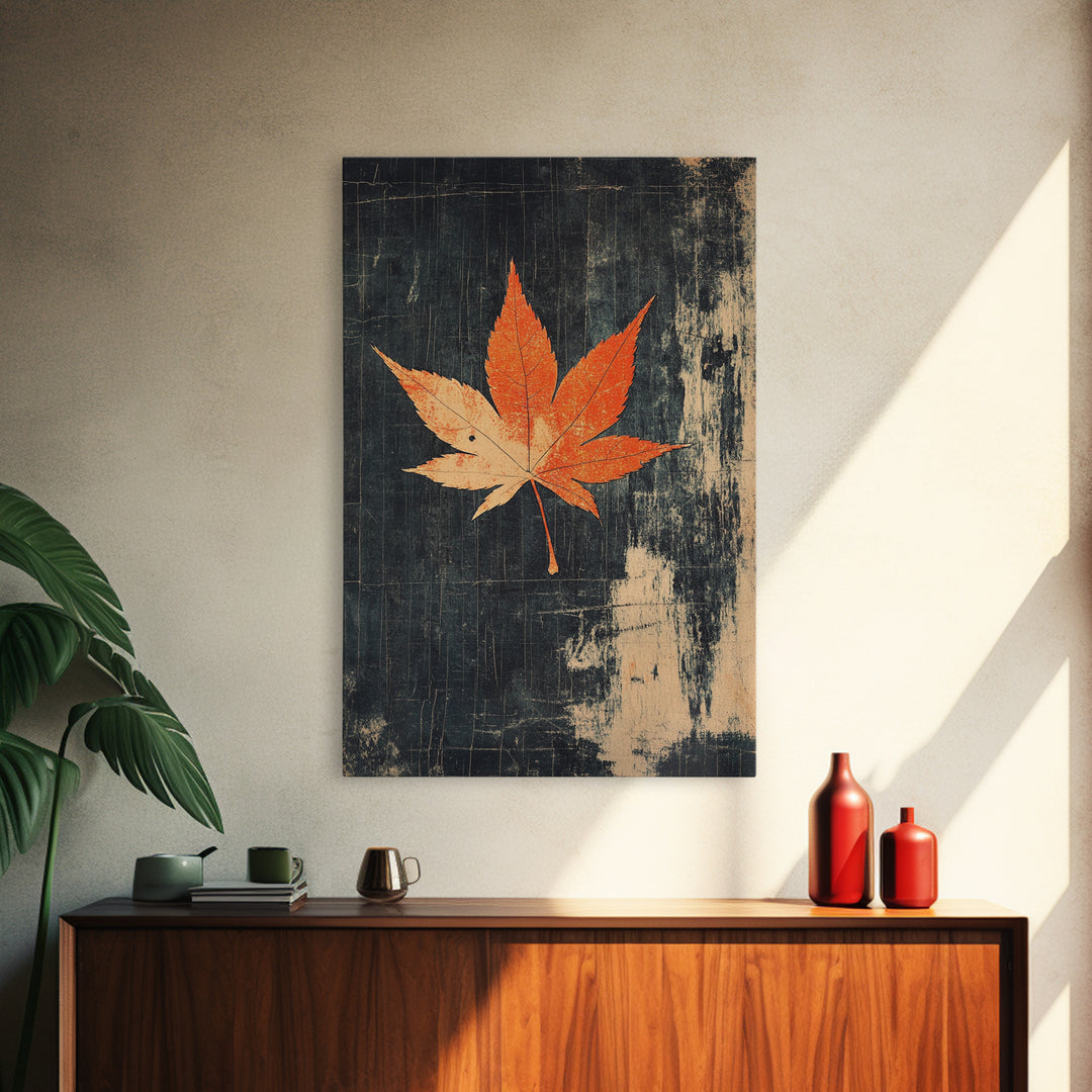 Orange Maple Leaf On Dark Texture Canvas Print, Autumn Wall Art, Botanical Print, Minimalist Decor, Nature Wall Art, Fall Decor