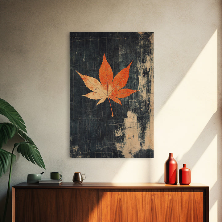 Orange Maple Leaf On Dark Texture Canvas Print, Autumn Wall Art, Botanical Print, Minimalist Decor, Nature Wall Art, Fall Decor