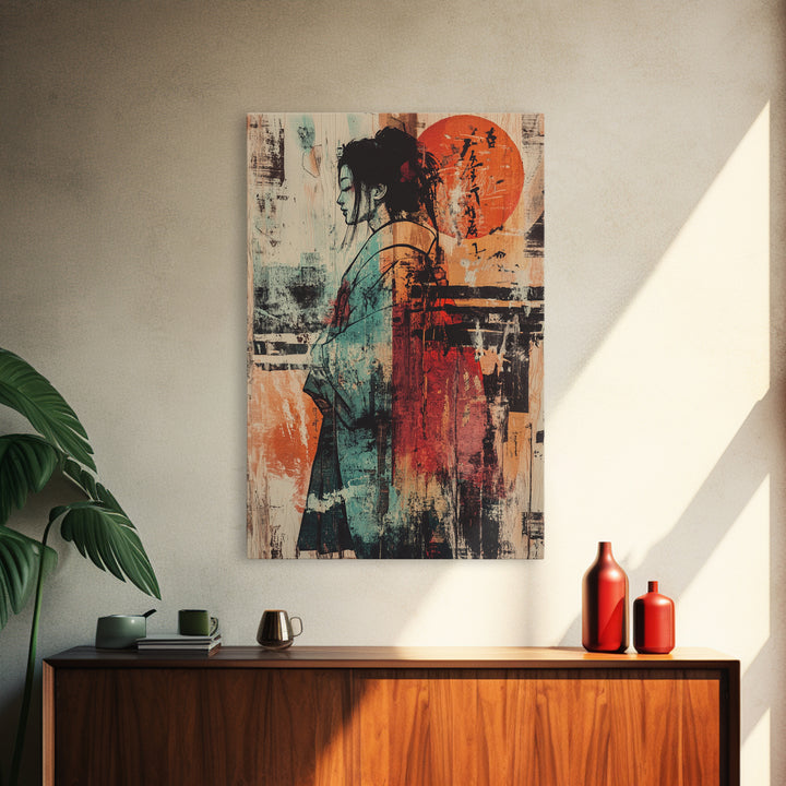 Abstract Kimono Woman With Red Sun Wall Art, Japanese Wall Art, Asian Inspired Decor, Feminine Wall Art, Modern Portrait Print