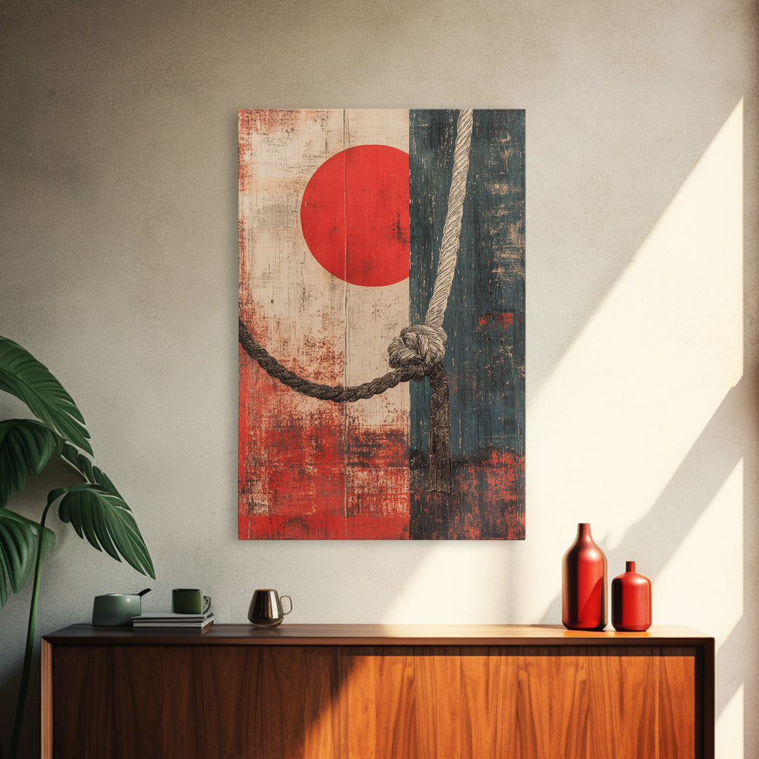 Nautical Rope Knot Wall Art, Red Sun Japanese Abstract Canvas Print, Coastal Decor, Masculine Office Wall Decor, Modern Home Decor
