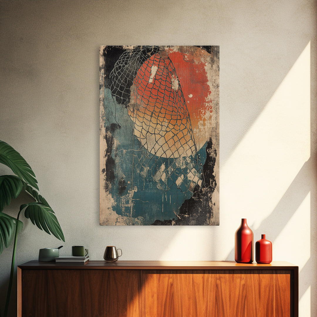 Fishing Net Abstract Wall Art, Red Sun Coastal Canvas Print, Nautical Wall Decor, Modern Rustic Home Decor, Beach House Decor