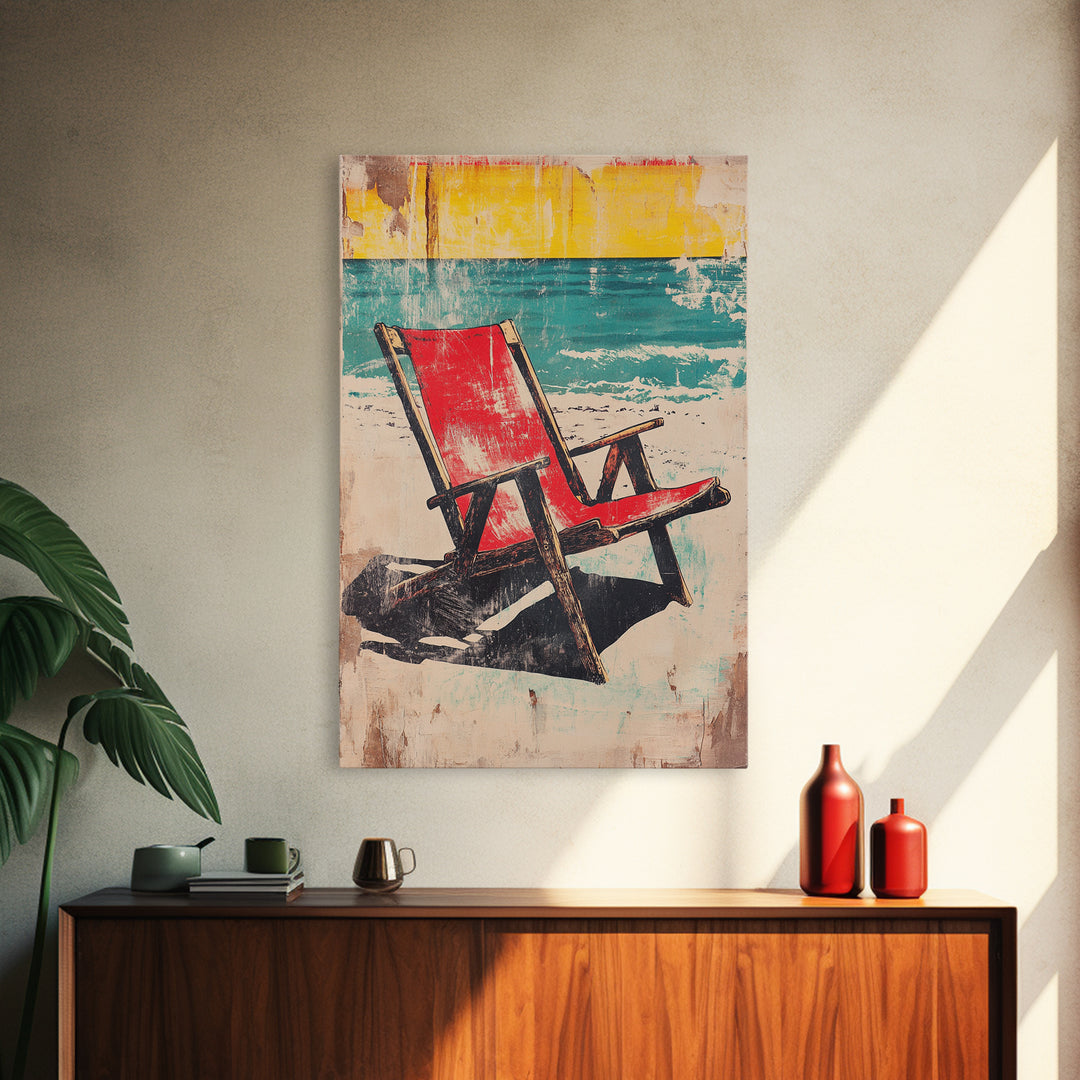Red Beach Chair Wall Art, Turquoise Ocean Canvas Print, Retro Coastal Decor, Summer Beach House Gift For Her, Living Room Decor