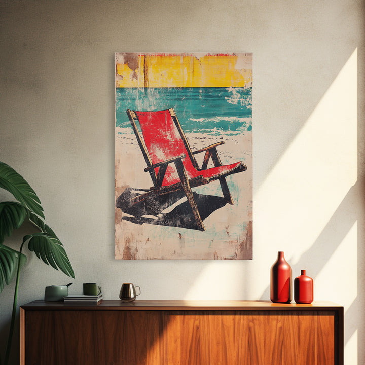 Red Beach Chair Wall Art, Turquoise Ocean Canvas Print, Retro Coastal Decor, Summer Beach House Gift For Her, Living Room Decor