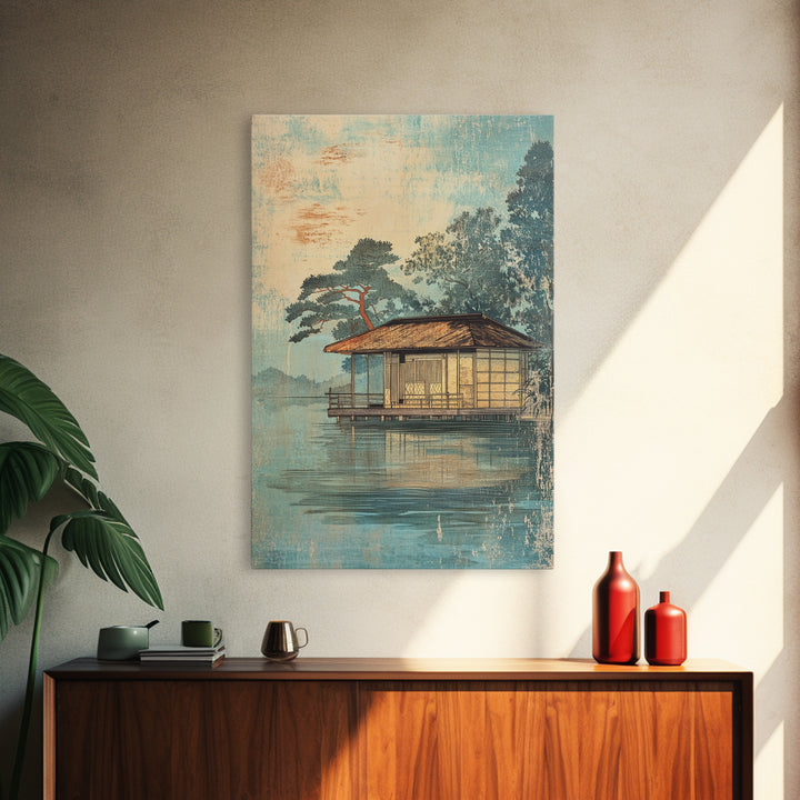 Misty Lakeside House Wall Art, Serene Japanese Landscape Canvas Print, Japandi Lake Decor, Neutral Living Room Art, Zen Home Decor