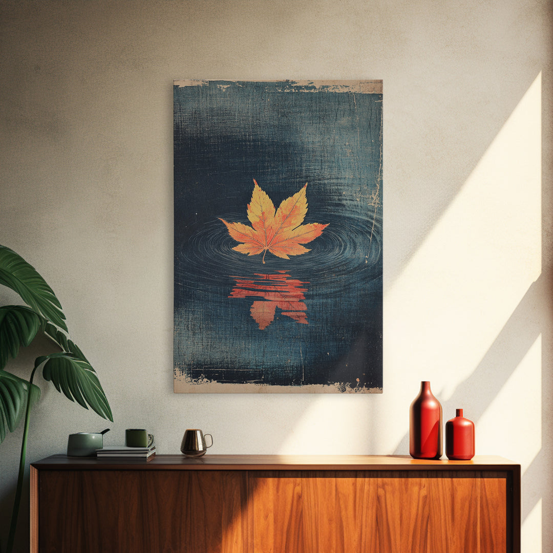 Floating Maple Leaf Wall Art, Dark Water Reflection Canvas Print, Japanese Autumn Decor, Minimalist Nature Art, Japandi Wall Decor