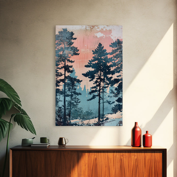 Misty Pine Forest Sunrise Wall Art, Pink Blue Nature Landscape Print, Scandinavian Decor, Calming Bedroom Or Office Decor