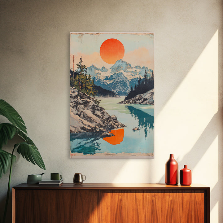 Alpine Lake And Snowy Mountains Wall Art, Orange Sun Landscape Print, Scandinavian Nature Decor, Large Canvas Print For Living Room