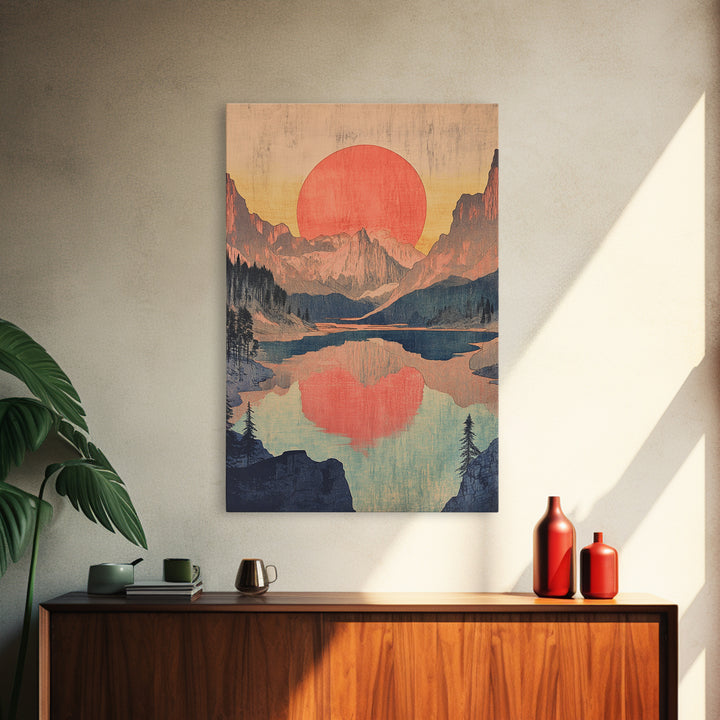 Red Sun Mountain Lake Wall Art, Japanese Landscape Print, Retro Nature Poster, Scenic Living Room Decor, Large Canvas Art