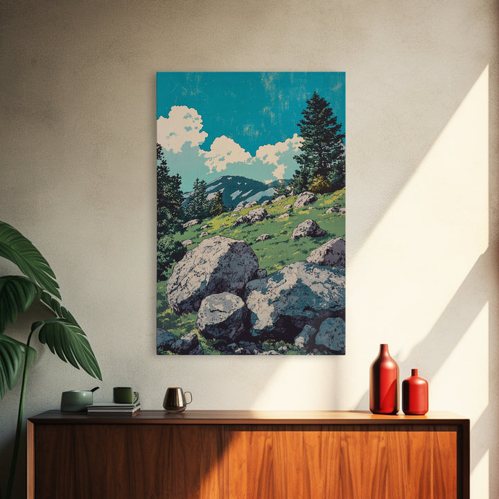 Alpine Meadow Boulder Wall Art, Mountain Landscape Print, Rustic Cabin Decor, Nature Poster, Large Canvas Art For Living Room