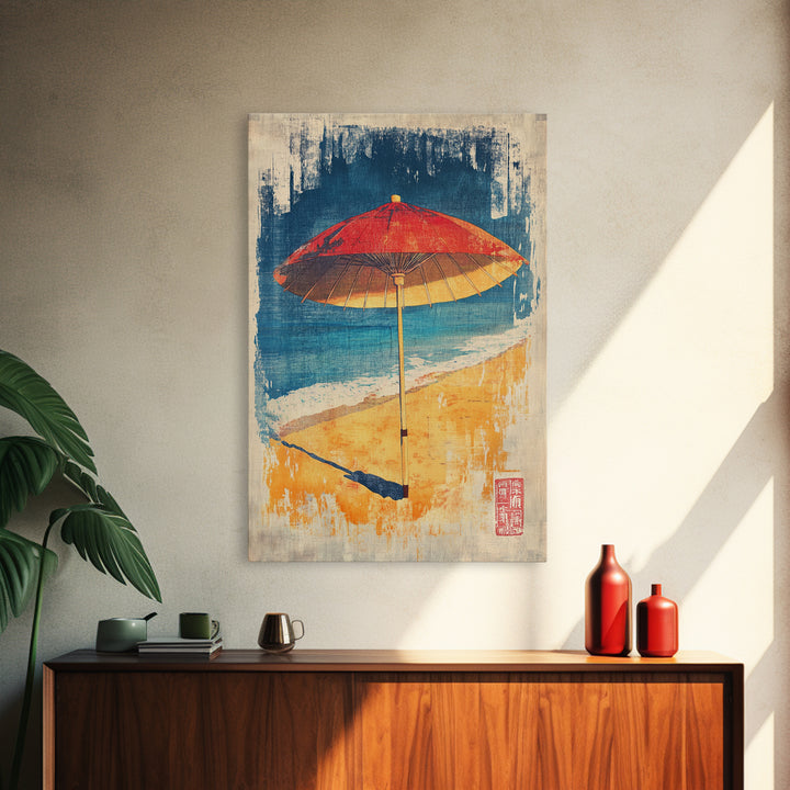 Red Beach Umbrella Canvas Print, Coastal Wall Art, Summer Beach House Decor, Tropical Ocean Poster, Bright Bathroom Wall Decor
