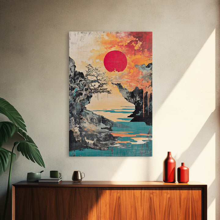 Dramatic Rocky Cove Sunset Red Sun Canvas Print, Japanese Mountain Landscape Art, Coastal Wall Decor, Modern Japandi Living Room Art