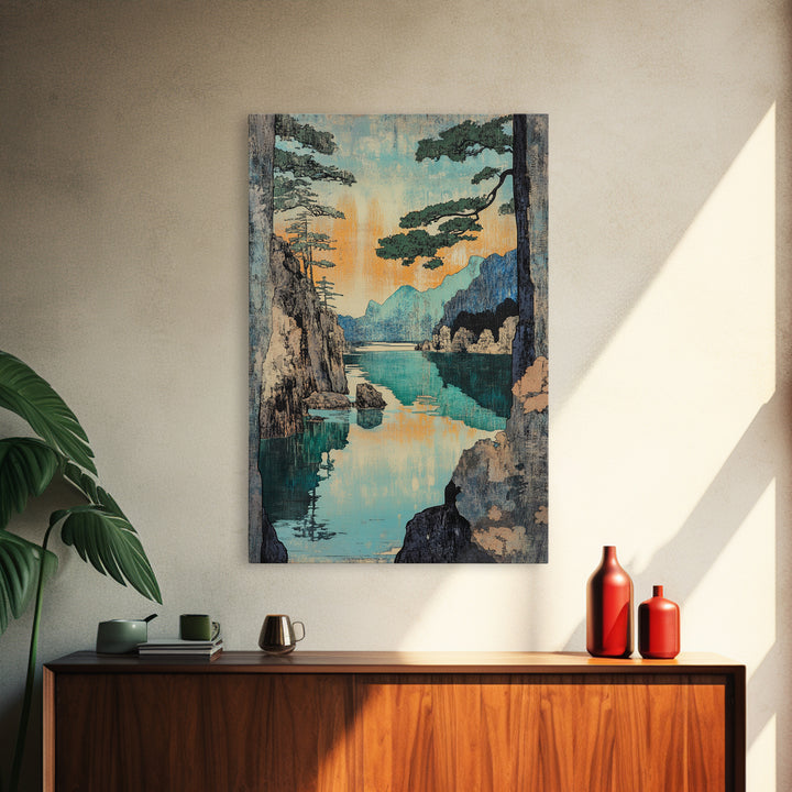 Turquoise Mountain Lake And Pine Cliffs Wall Art, Japanese Landscape Print, Serene Nature Decor, Japandi Calming Bedroom Art