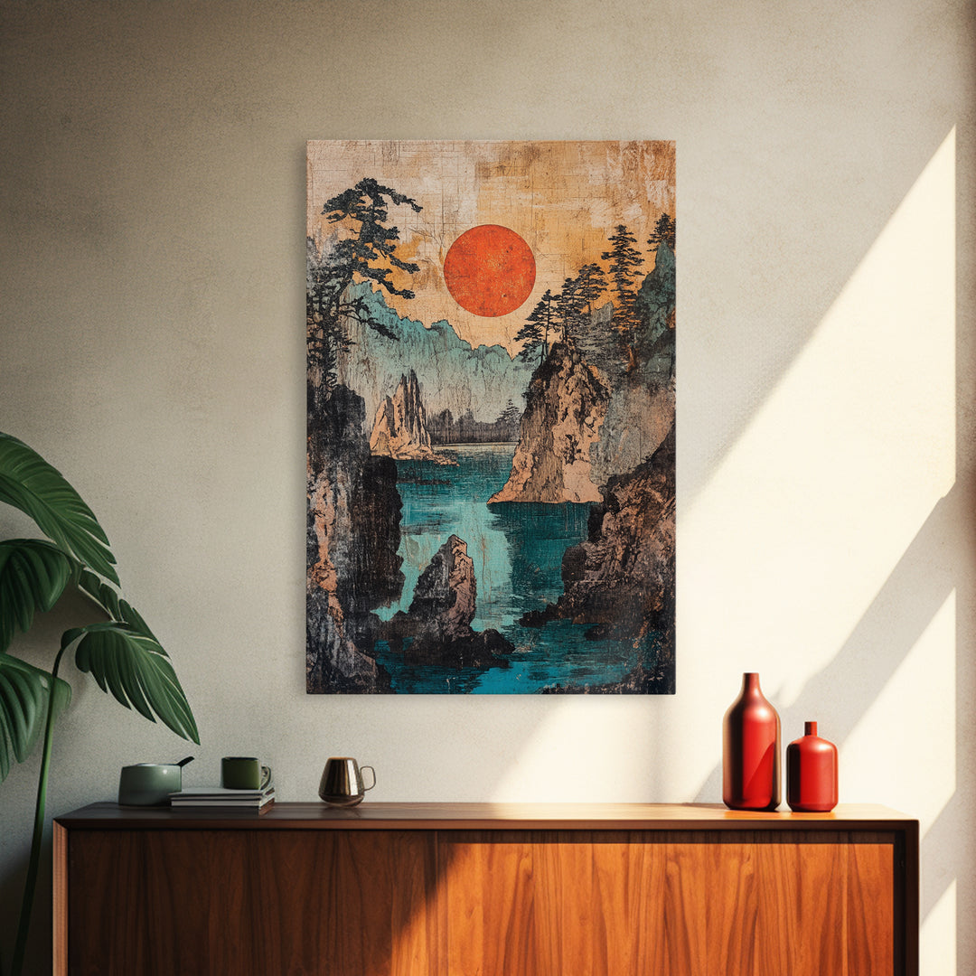 Red Sun Over Rugged Mountain Cove Framed Canvas Print, Japanese Landscape Art, Coastal Wall Decor, Large Living Room Art