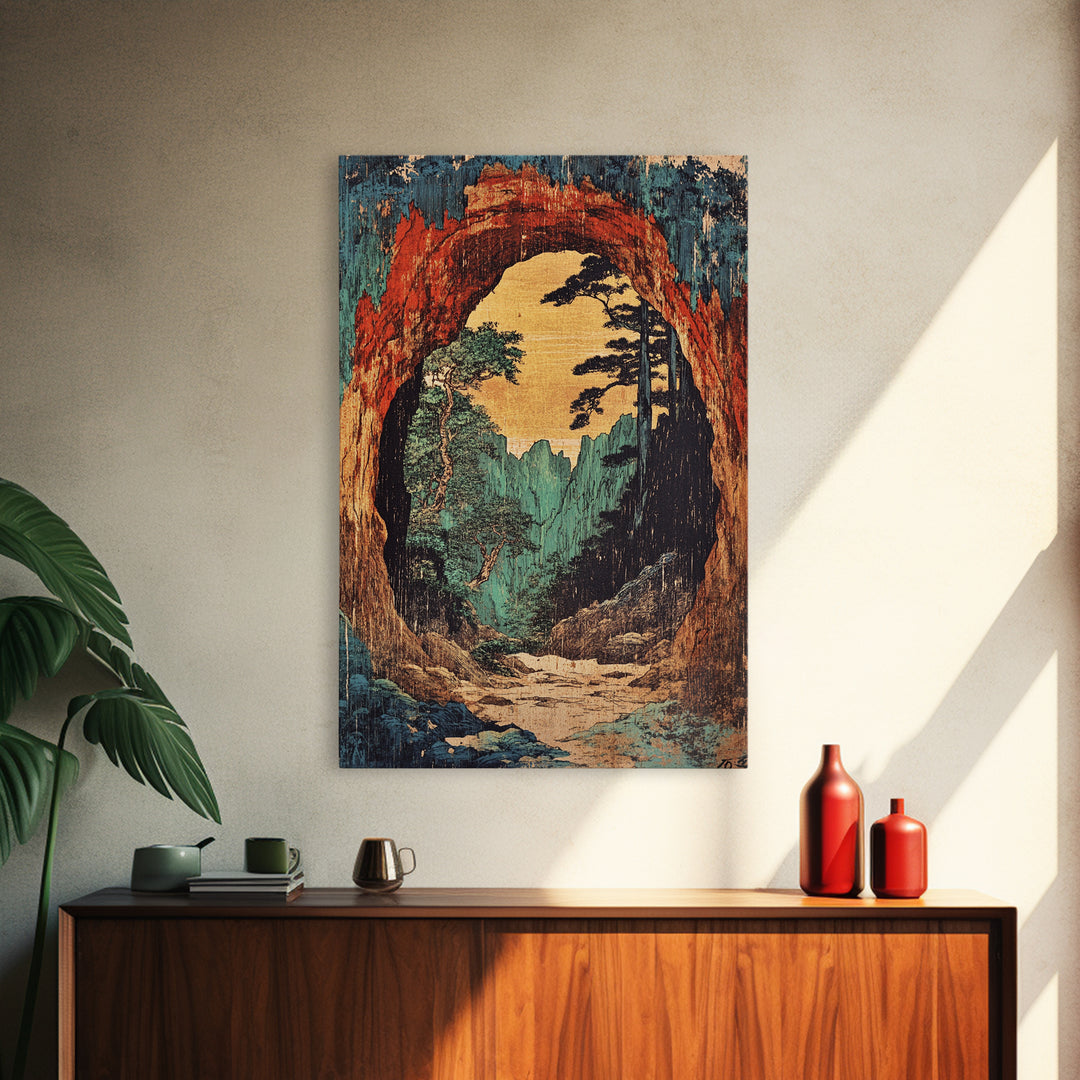 Cave Arch Forest Path And Mountain View Wall Art, Japanese Woodblock Style Print, Rustic Japandi Decor, Statement Artwork