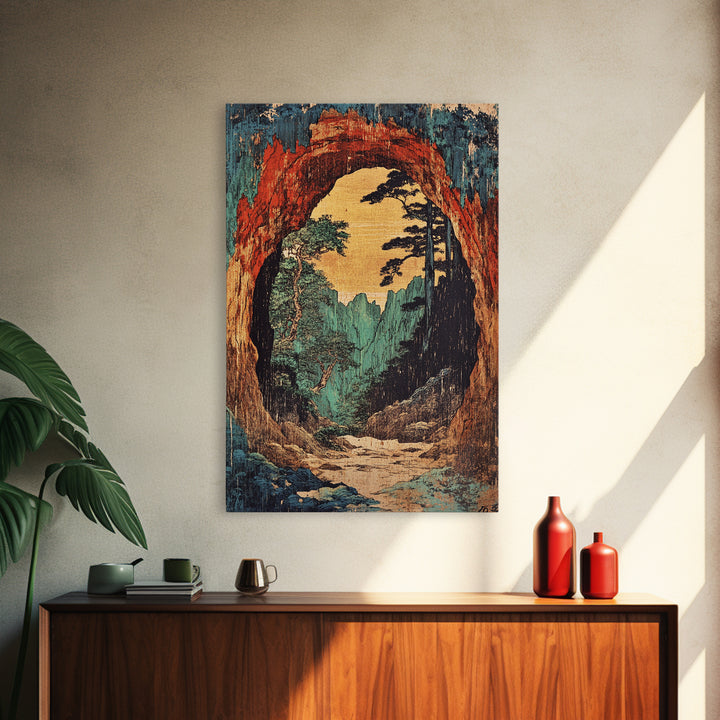 Cave Arch Forest Path And Mountain View Wall Art, Japanese Woodblock Style Print, Rustic Japandi Decor, Statement Artwork