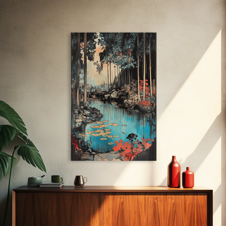 Forest Pond With Lily Pads And Red Foliage Canvas Print, Japanese Nature Wall Art, Moody Woodland Wall Decor For Bedroom