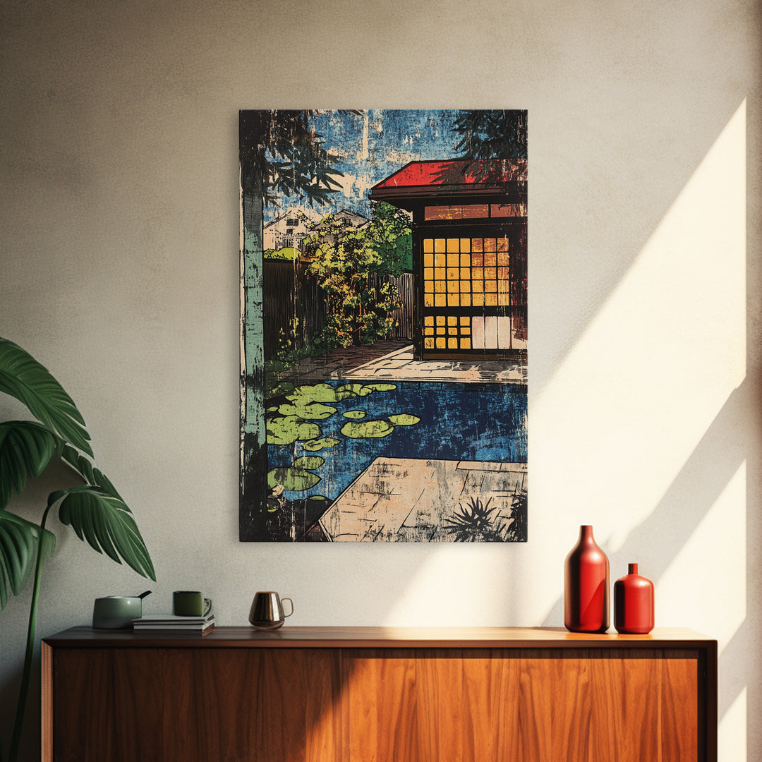 Japanese Tea House By Koi Pond And Glowing Garden Wall Art, Japandi Canvas Print, Zen Home Decor, Serene Living Room Decor