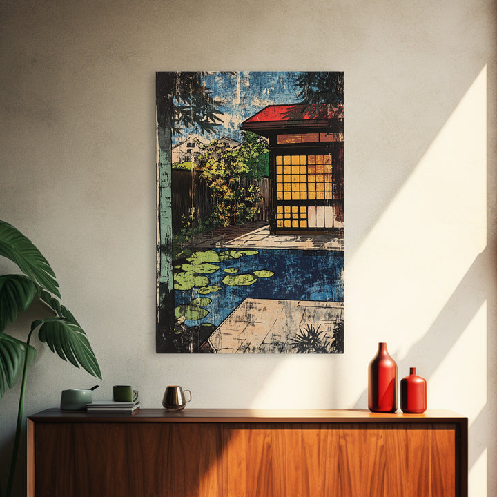 Japanese Tea House By Koi Pond And Glowing Garden Wall Art, Japandi Canvas Print, Zen Home Decor, Serene Living Room Decor