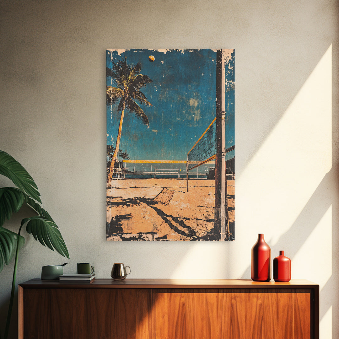 Beach Volleyball Court With Palm Tree And Ocean Wall Art, Tropical Coastal Canvas Print, Summer Decor For Modern Beach House