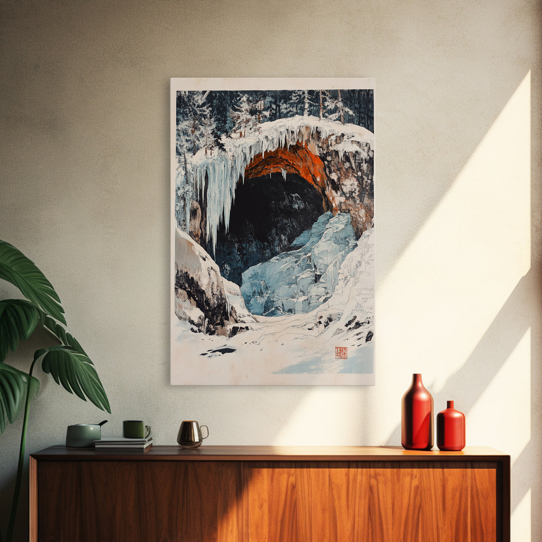 Snowy Ice Cave Winter Landscape Canvas Print, Mountain Wall Art, Rustic Cabin Decor, Nature Print, Housewarming Gift, Living Room Decor