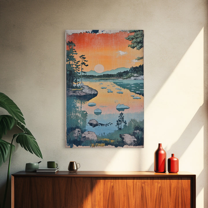 Orange Sunset Lake Landscape Canvas Print, Mountain Wall Art, Japandi Nature Print, Cabin Decor, Living Room Wall Art, Housewarming Gift