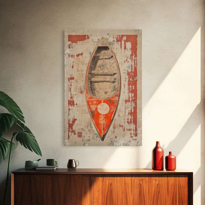 Red Canoe From Above Wall Art, Rustic Boat Canvas Print, Nautical Lake House Decor, Minimalist Coastal Gift For Him, Home Decor