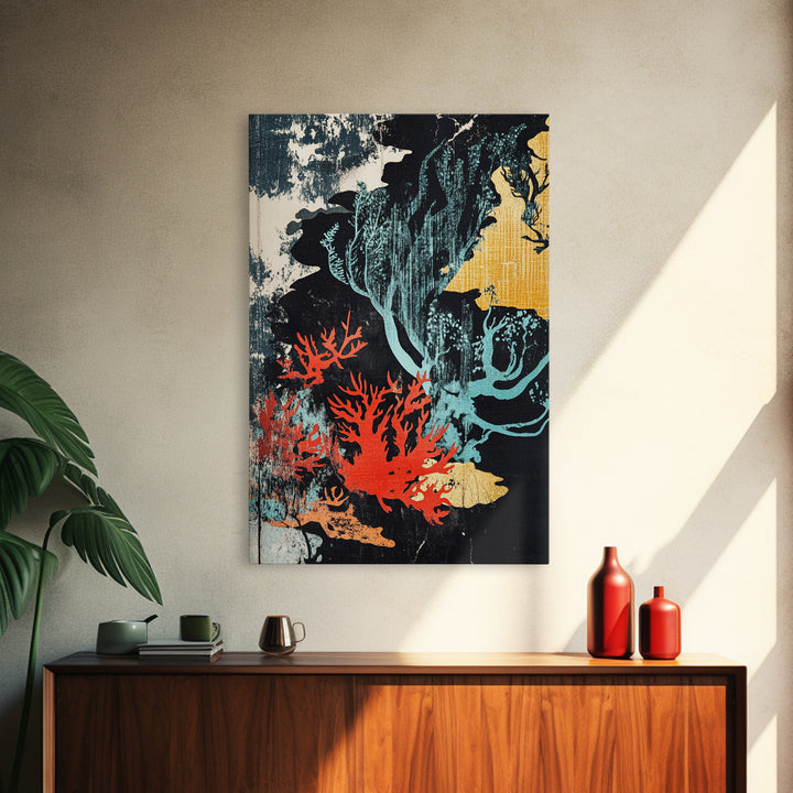Red Coral And Teal Seaweed Wall Art, Japanese Ocean Canvas Print, Coastal Bathroom Decor, Abstract Marine Life Art Print