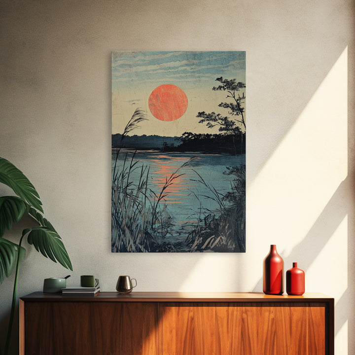 Quiet Lake Sunset With Reeds Wall Art, Japanese Landscape Canvas Print, Tranquil Coastal Decor, Serene Nature Fine Art Print