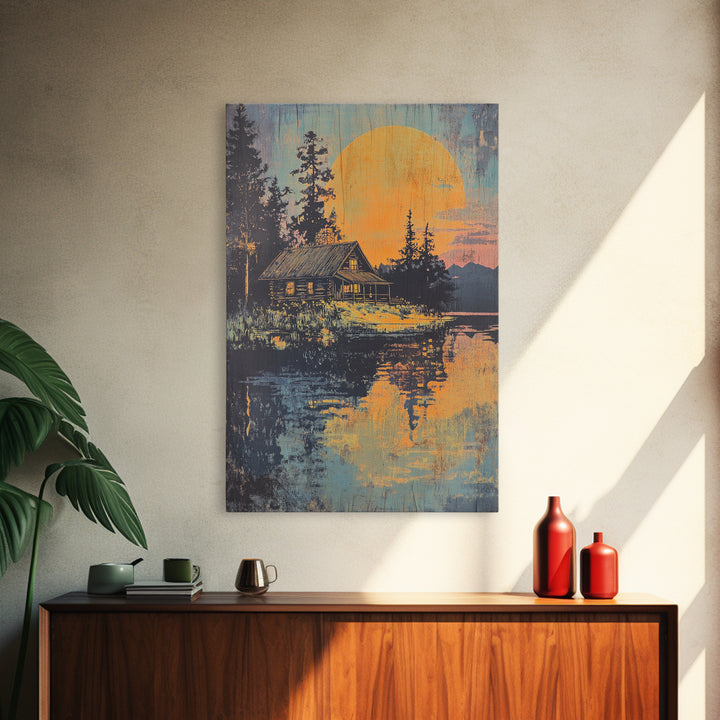 Moonlit Cabin Lake Wall Art, Forest Reflection Canvas Print, Rustic Landscape Poster, Cozy Lodge Living Room Decor, Home Decor