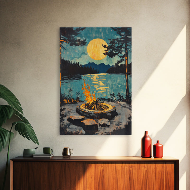 Campfire Moon Lake Canvas Print, Rustic Cabin Wall Art, Forest Landscape Poster, Cozy Camping Decor Gift For Him, Man Cave Decor