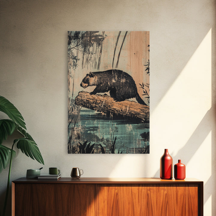 Black Bear On Log Wall Art, Rustic Wildlife Painting Style, Woodland Animal Decor, Cabin Nature Art Print For Living Room