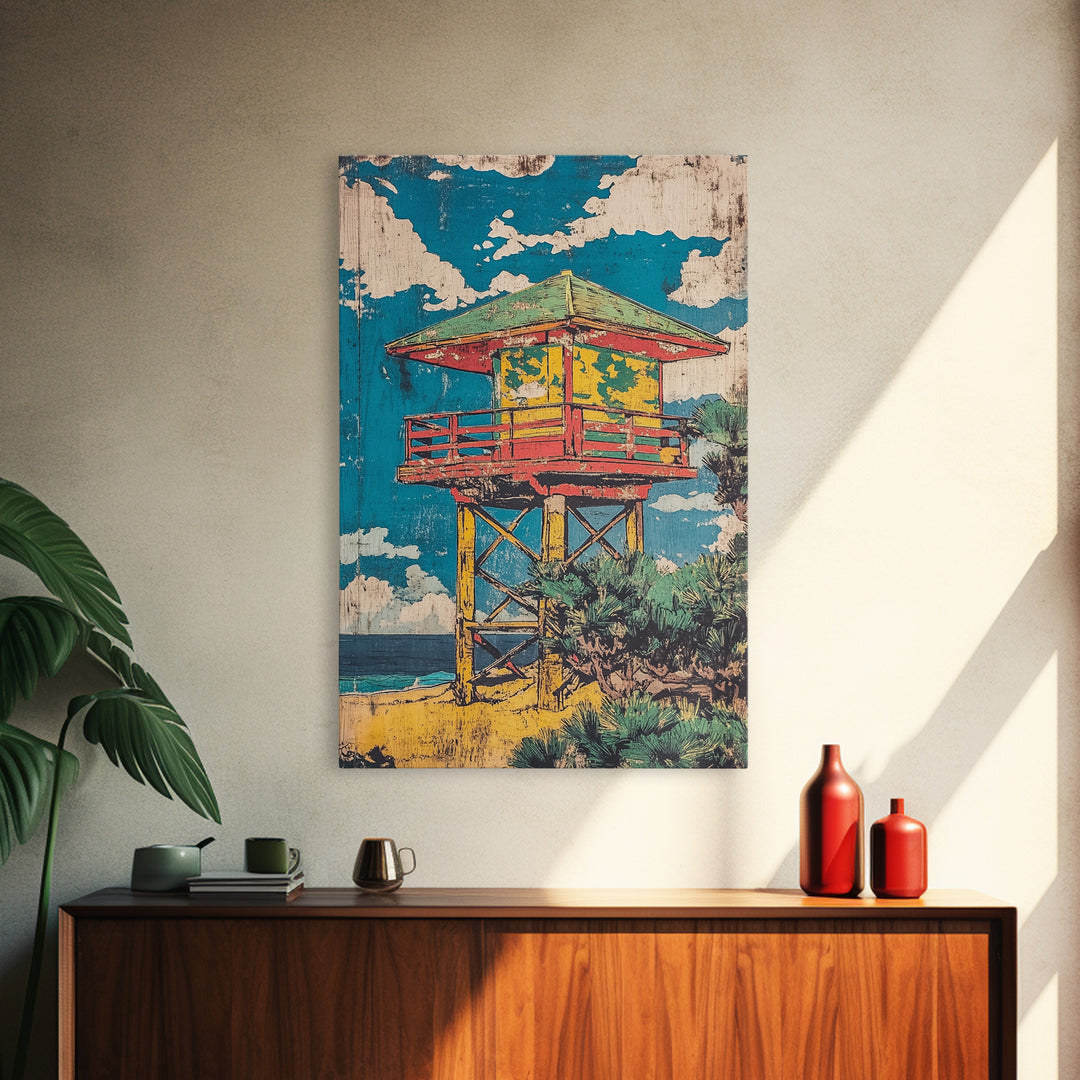 Colorful Beach Lifeguard Tower Wall Art, Retro Coastal Travel Poster, Tropical Ocean Decor, Summer Beach House Art Print