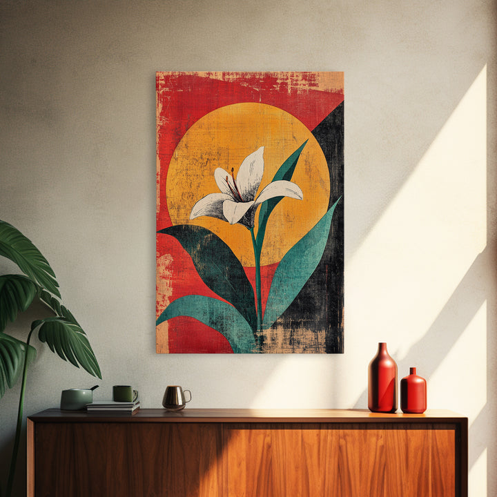 White Lily Flower Canvas Print, Bold Red Yellow Botanical Wall Decor, Mid Century Floral Art Print For Modern Living Room
