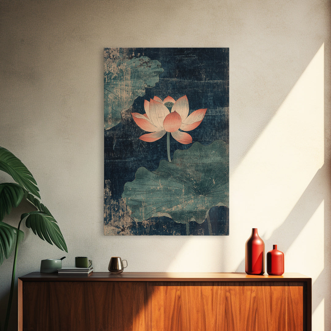 Pink Lotus Pond Wall Art, Dark Teal Botanical Canvas Print, Zen Water Lily Decor, Asian Inspired Spa And Meditation Room