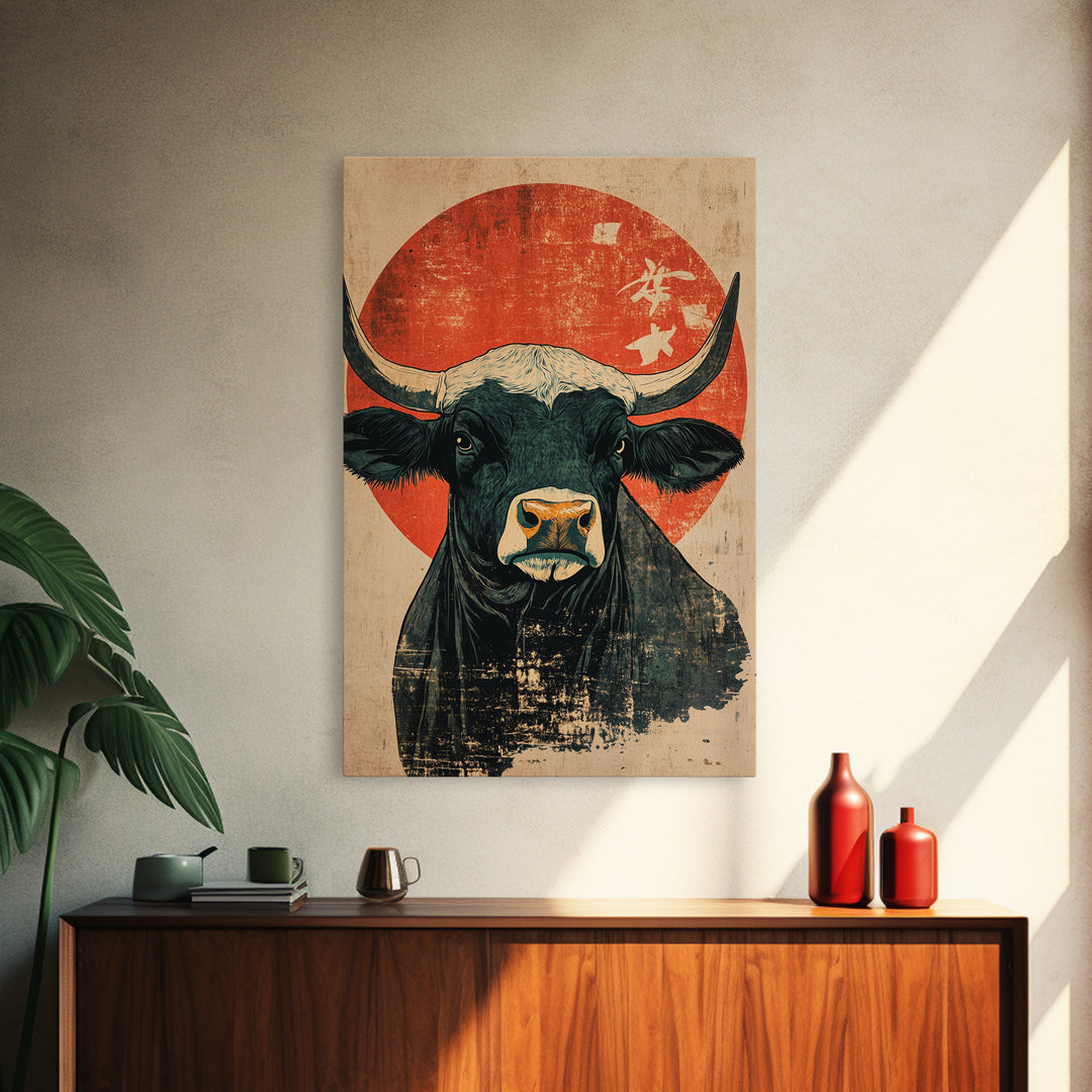 Black Bull Red Sun Canvas Print, Rustic Farm Animal Wall Art, Western Japandi Decor, Bold Kitchen Art, Housewarming Gift