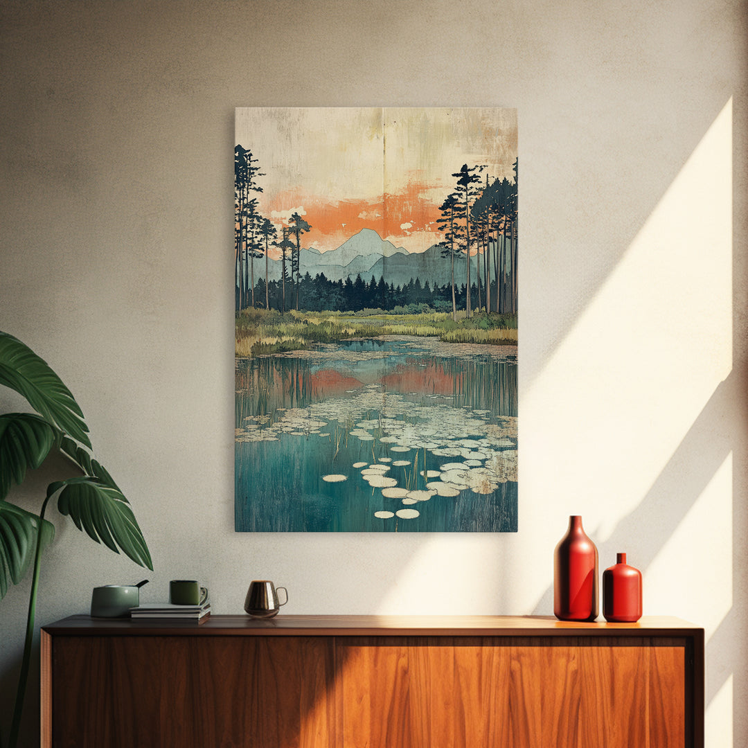 Mountain Lake Lily Pads Framed Canvas Print, Serene Landscape Wall Art, Japandi Nature Decor, Living Room Home Decor, Office Wall Art