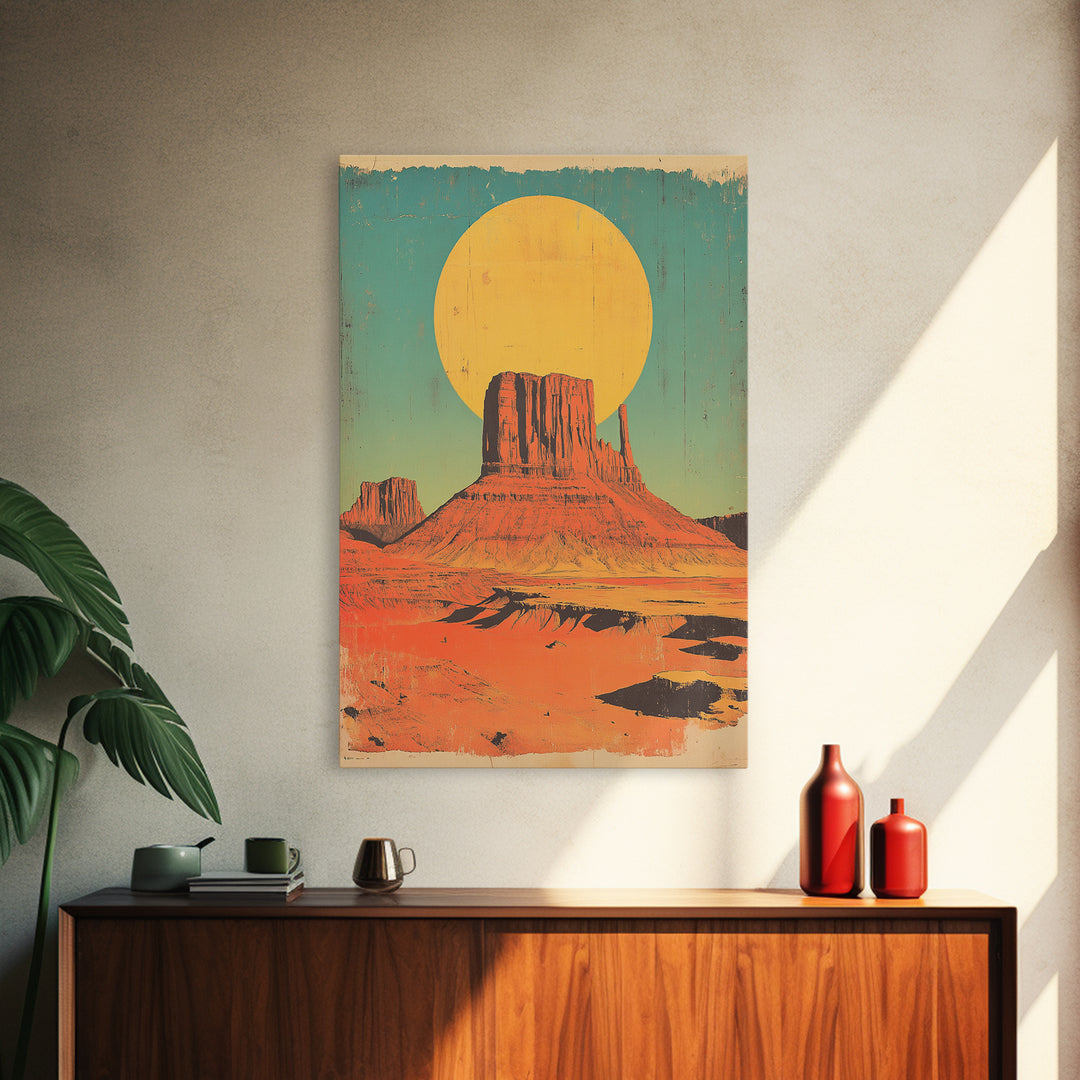 Desert Mesa With Golden Sun Canvas Print, Southwestern Wall Art, Retro Western Landscape Poster, Boho Earth Tone Decor Gift