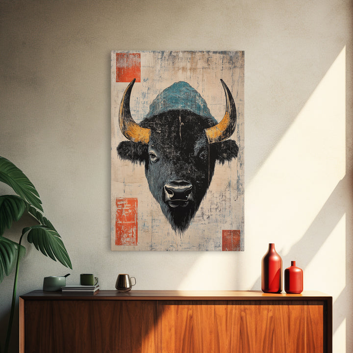 Black Bison Portrait Wall Art, Rustic Wildlife Art Print, Western Animal Wall Decor, Lodge Cabin Canvas Print Gift For Him