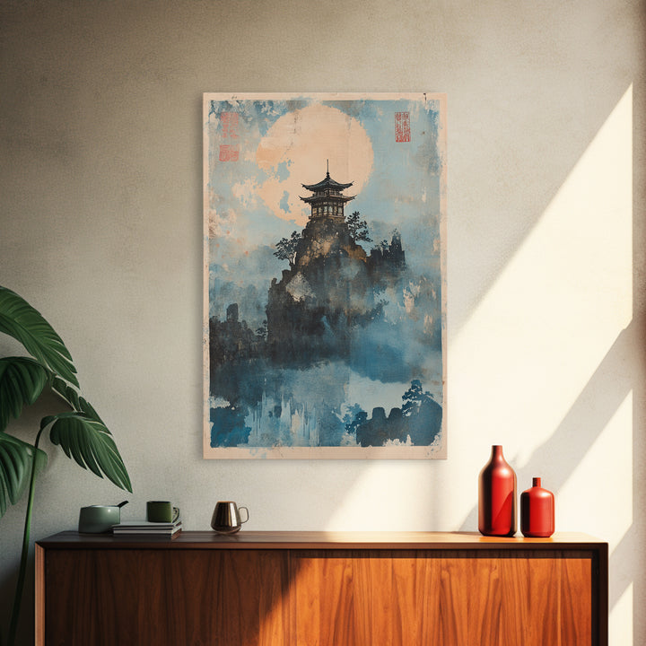 Misty Pagoda Moon Wall Art, Japanese Landscape Art Print, Zen Asian Wall Decor, Meditation Room Framed Canvas Print Gift