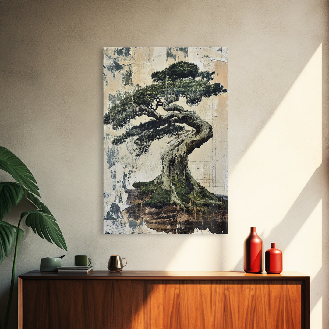 Twisted Windswept Bonsai Tree Wall Art, Japandi Nature Print, Zen Home Decor, Botanical Wall Decor, Framed Canvas Print, Office Decor