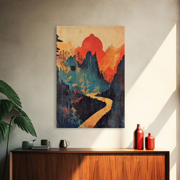 Red Sun Mountain River Wall Art, Abstract Landscape Print, Japandi Wall Decor, Organic Modern Art, Large Canvas Print, Statement Artwork
